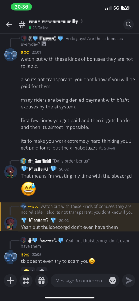 Delivery workers share experiences with the rollout of the ubereats ai agent system in 2025-2026 in the Netherlands. Lots of riders report serious problems and how they are disadvantaged (paid unfairly) by the ai and its implementation at ubereats.